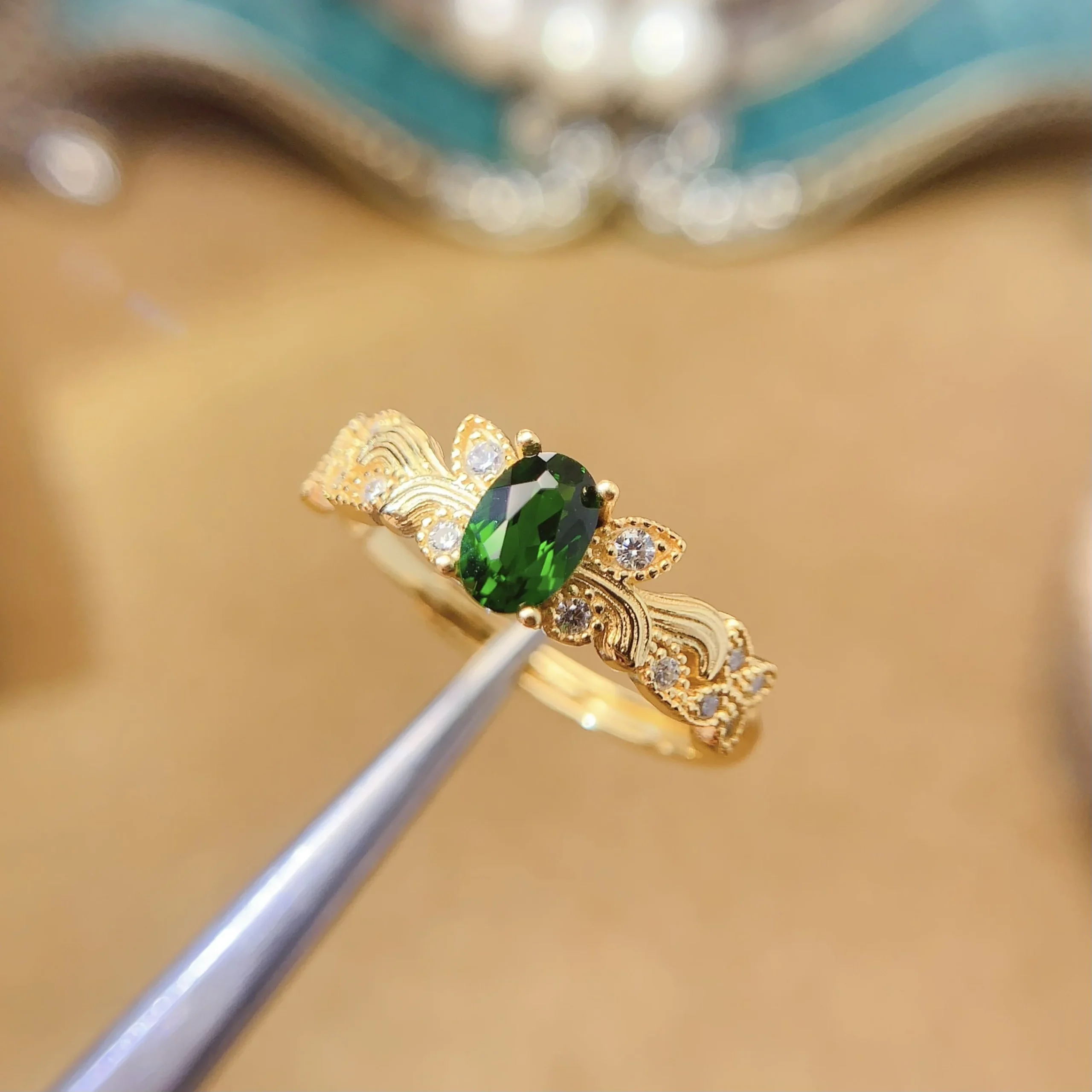 Natural Diopside Slim Halo Ring - view 1