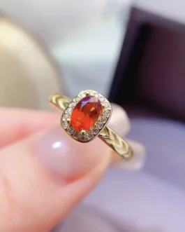 Natural Garnet Gold Halo Ring