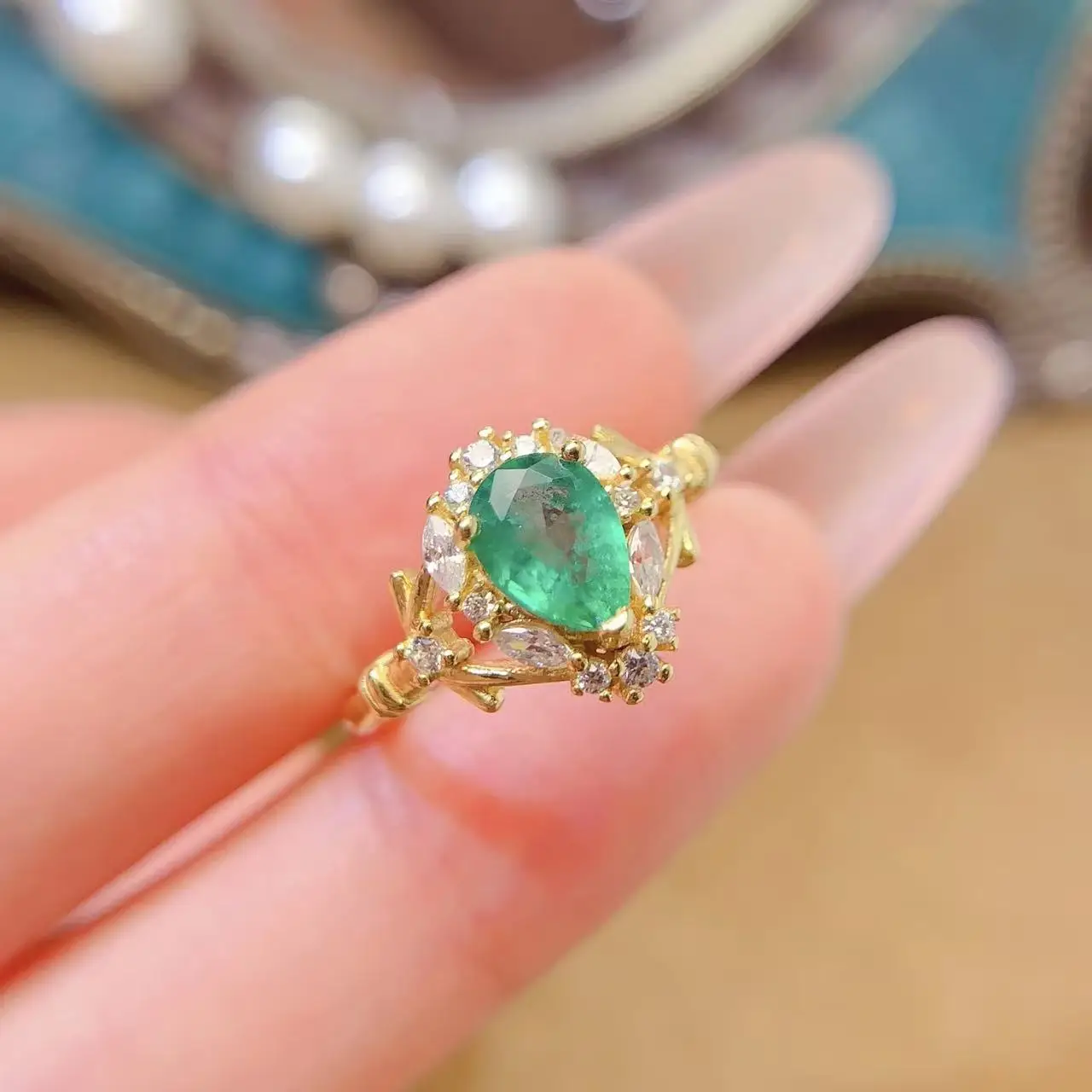 Natural Emerald Pear Halo Ring - view 2