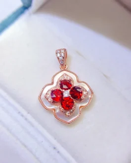 Natural Garnet Clover Pendant Necklace