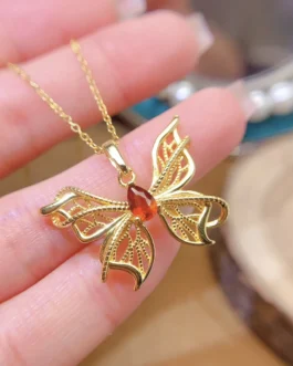 Natural Garnet Butterfly Pendant Necklace