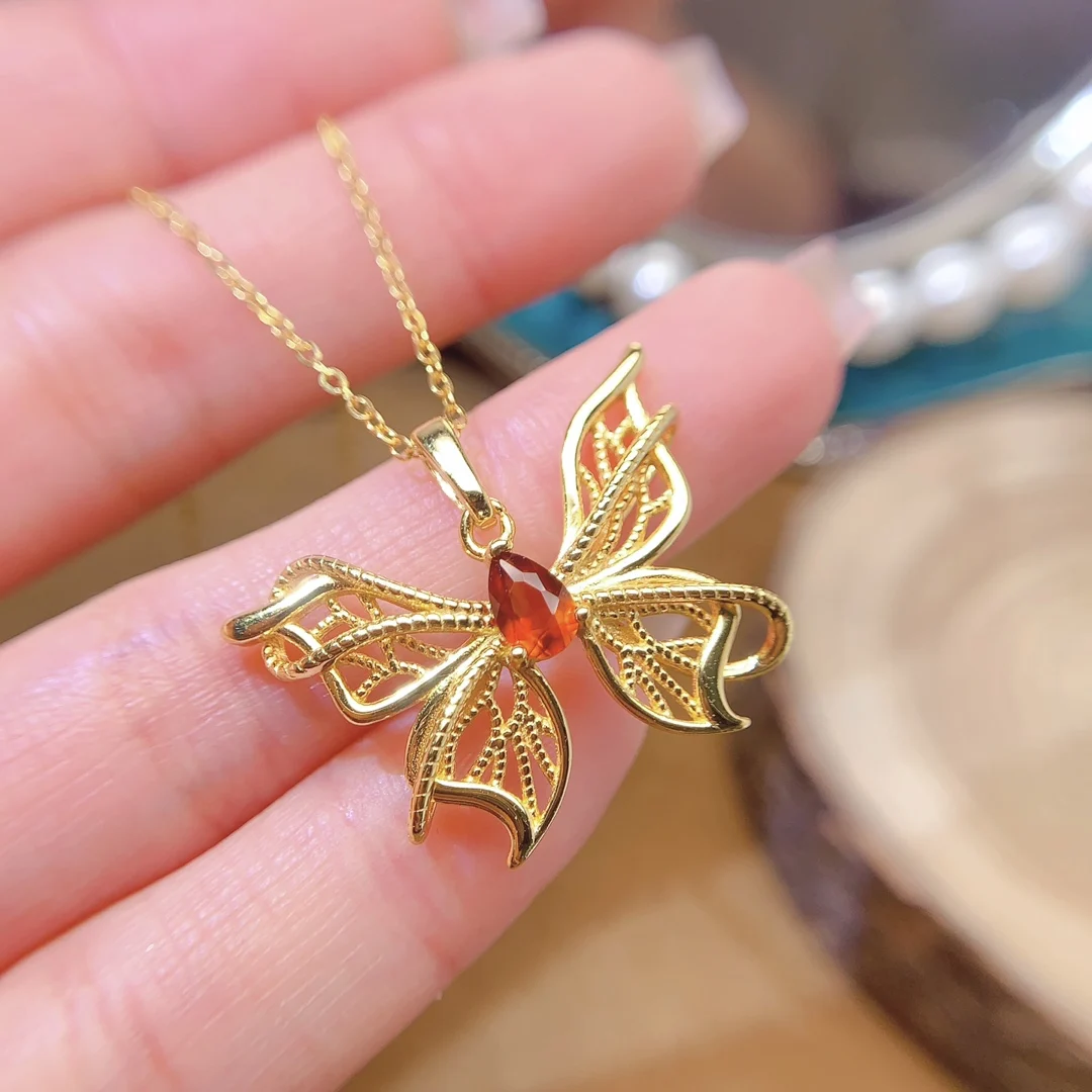 Natural Garnet Butterfly Pendant Necklace - view 1