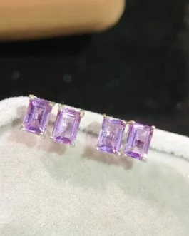 Natural Amethyst Rectangle Stud Earrings
