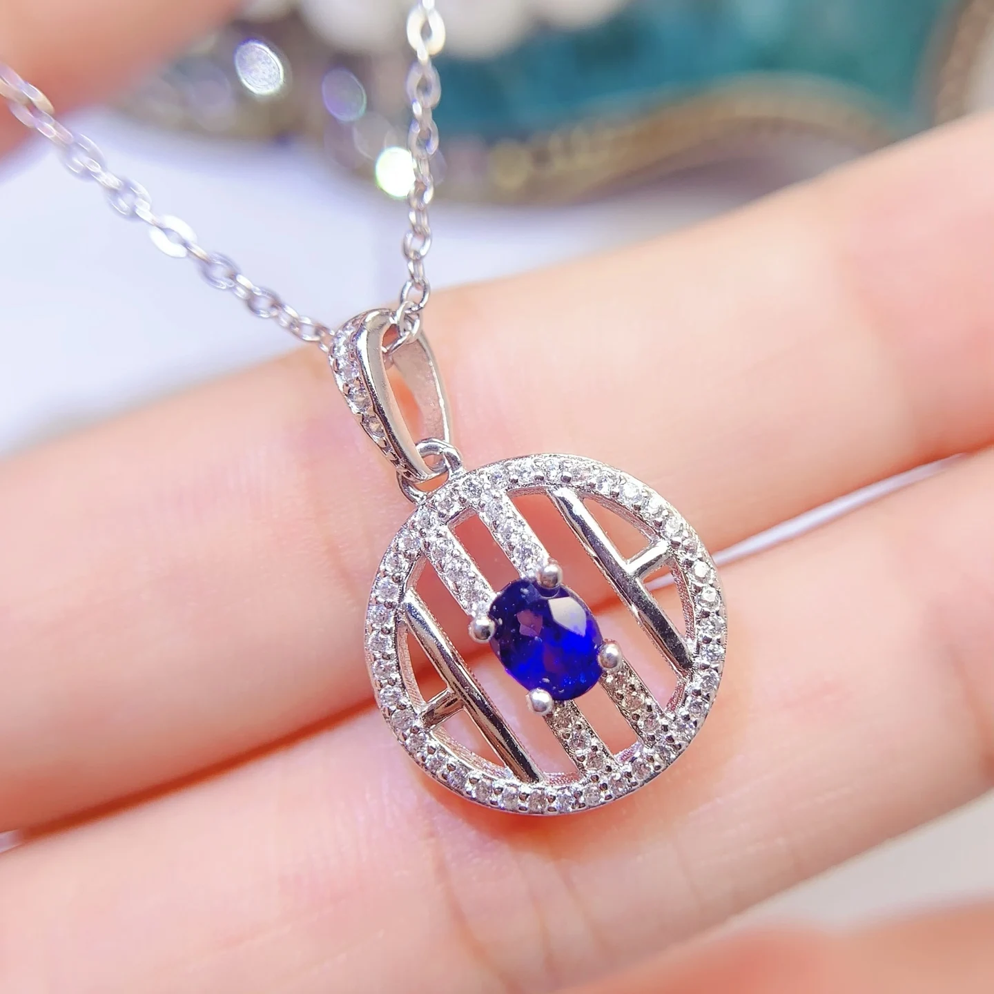 Natural Sapphire Disc Pendant Necklace - view 1