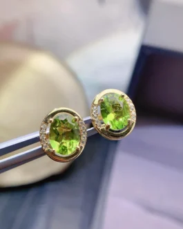 Natural Peridot Oval Halo Earrings
