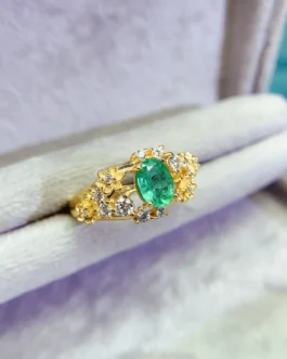 Natural Emerald Floral Halo Ring