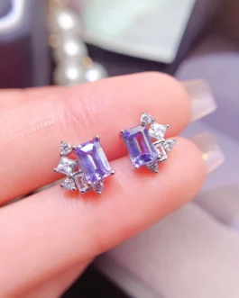 Natural Tanzanite Rectangle Stud Earrings