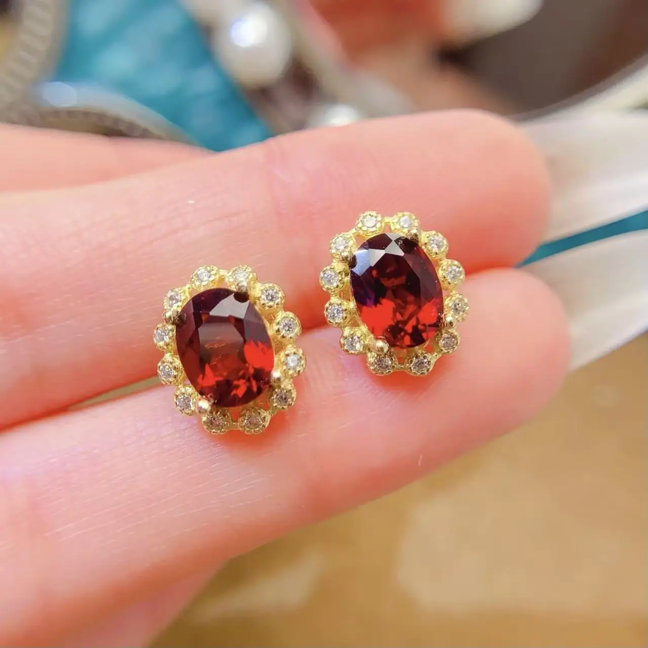 Natural Garnet Oval Dangle Earrings - view 1
