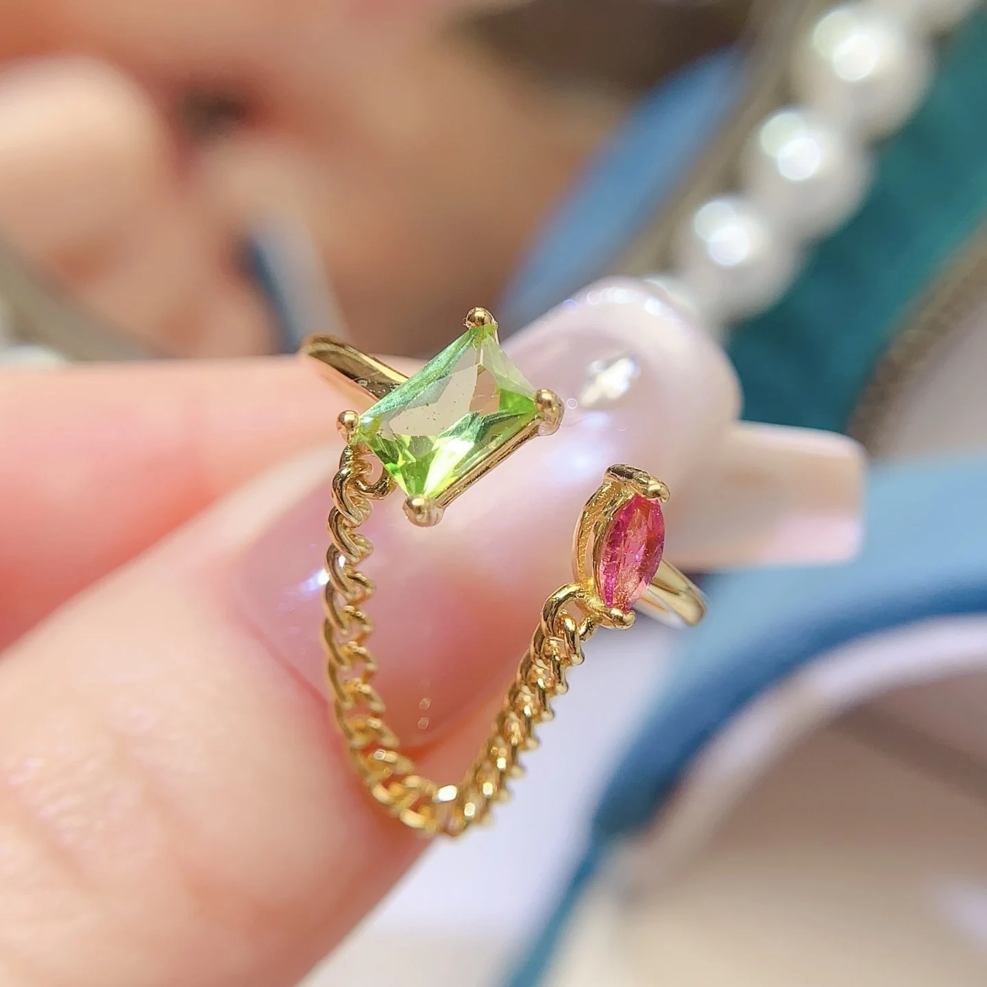 Natural Peridot Chain Bypass Ring - view 1