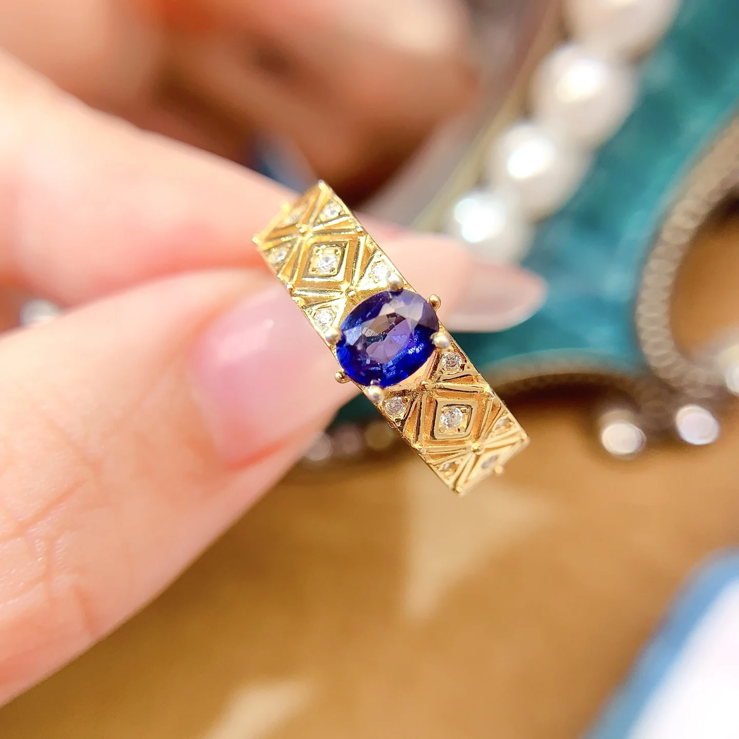 Natural Tanzanite Sapphire Lattice Ring - view 1