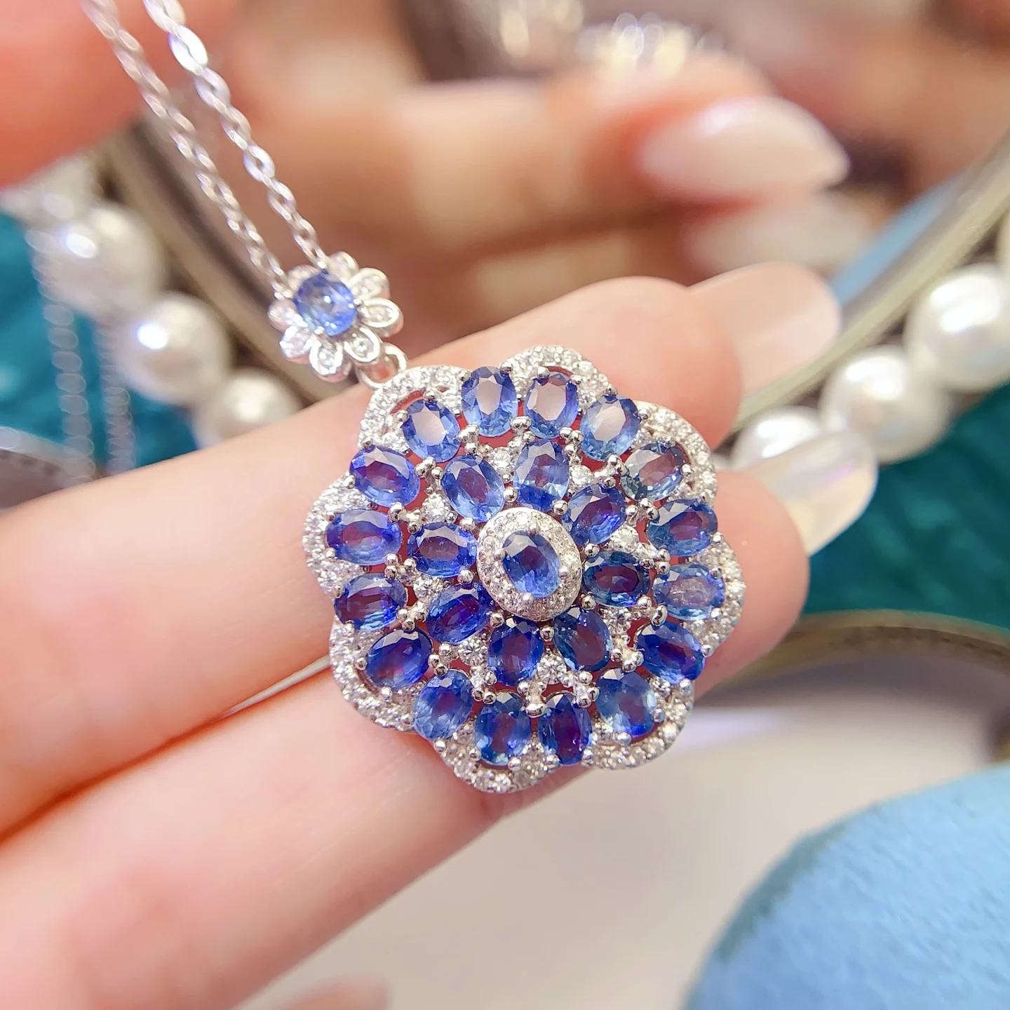 Natural Sapphire Snowflake Pendant Necklace - view 1