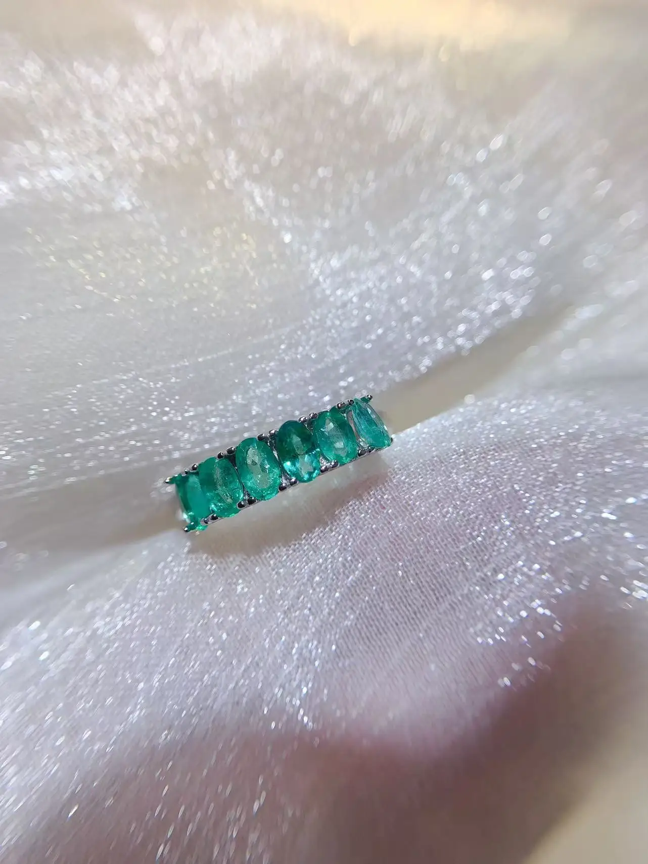 Natural Emerald Silver Row Ring - view 2