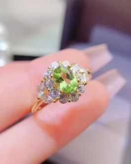 Natural Peridot Radiant Halo Ring