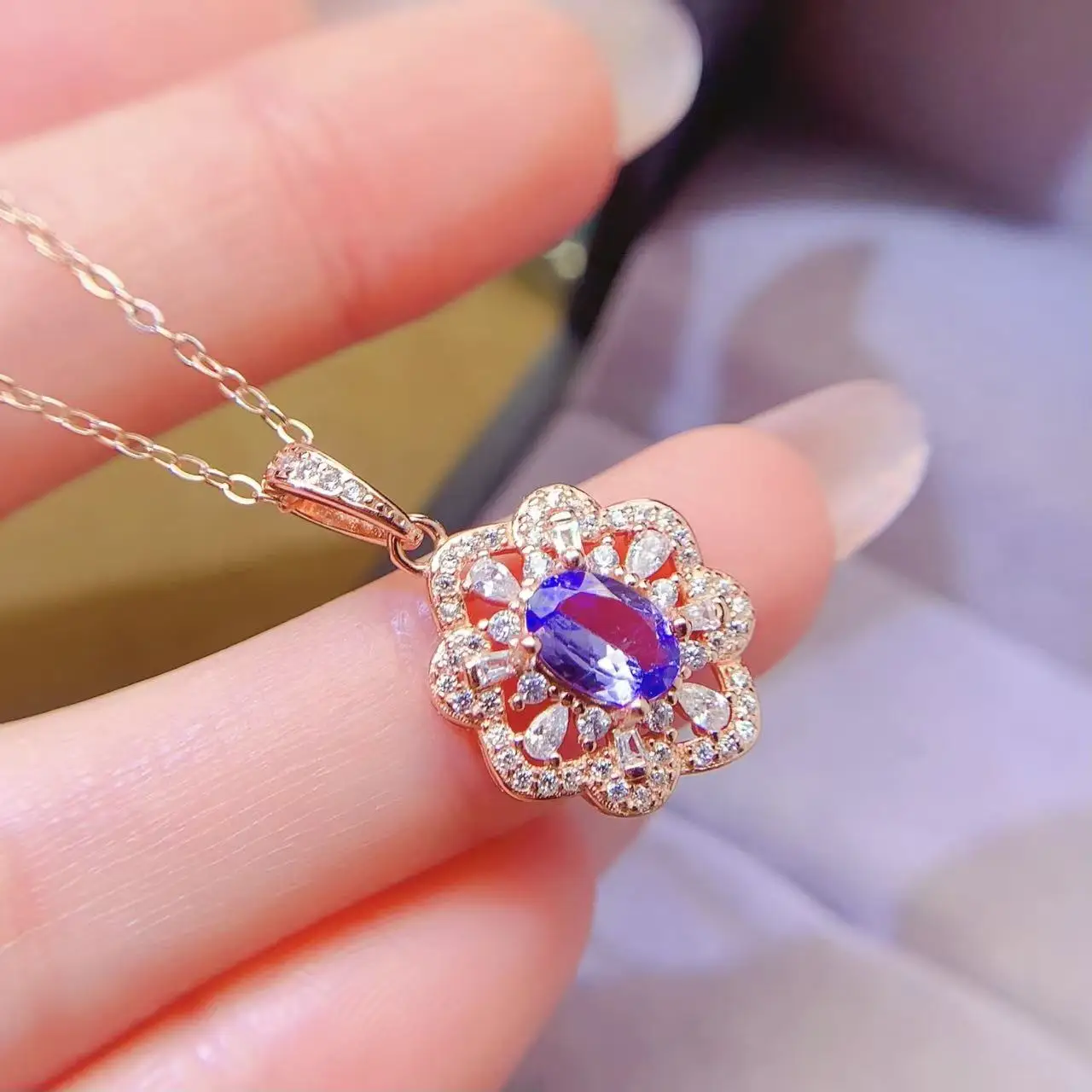 Natural Tanzanite Flower Pendant Necklace - view 1