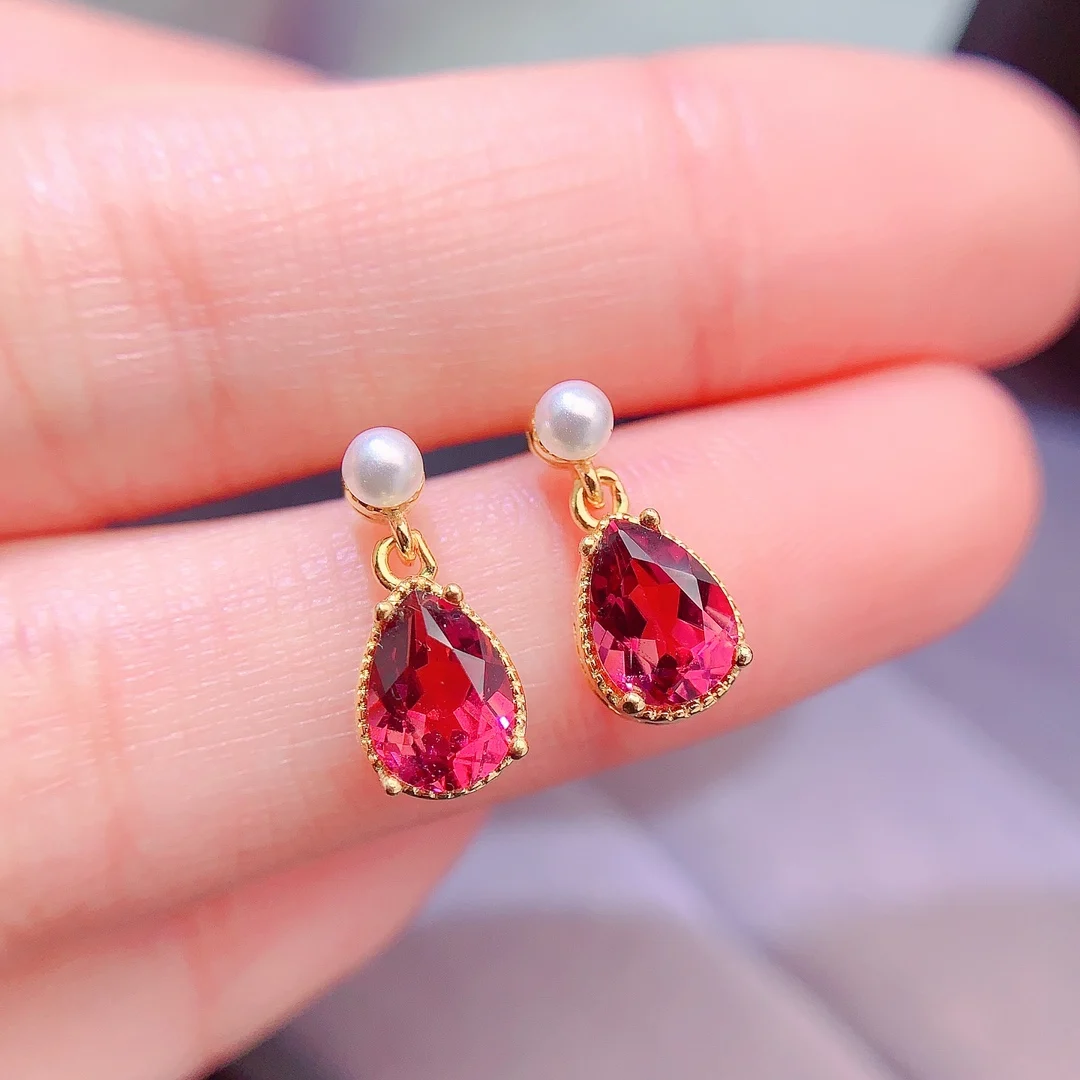 Natural Garnet Pear Stud Earrings - view 1