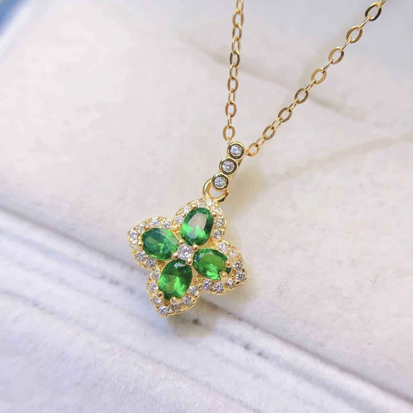 Natural Tsavorite Flower Pendant Necklace - view 1