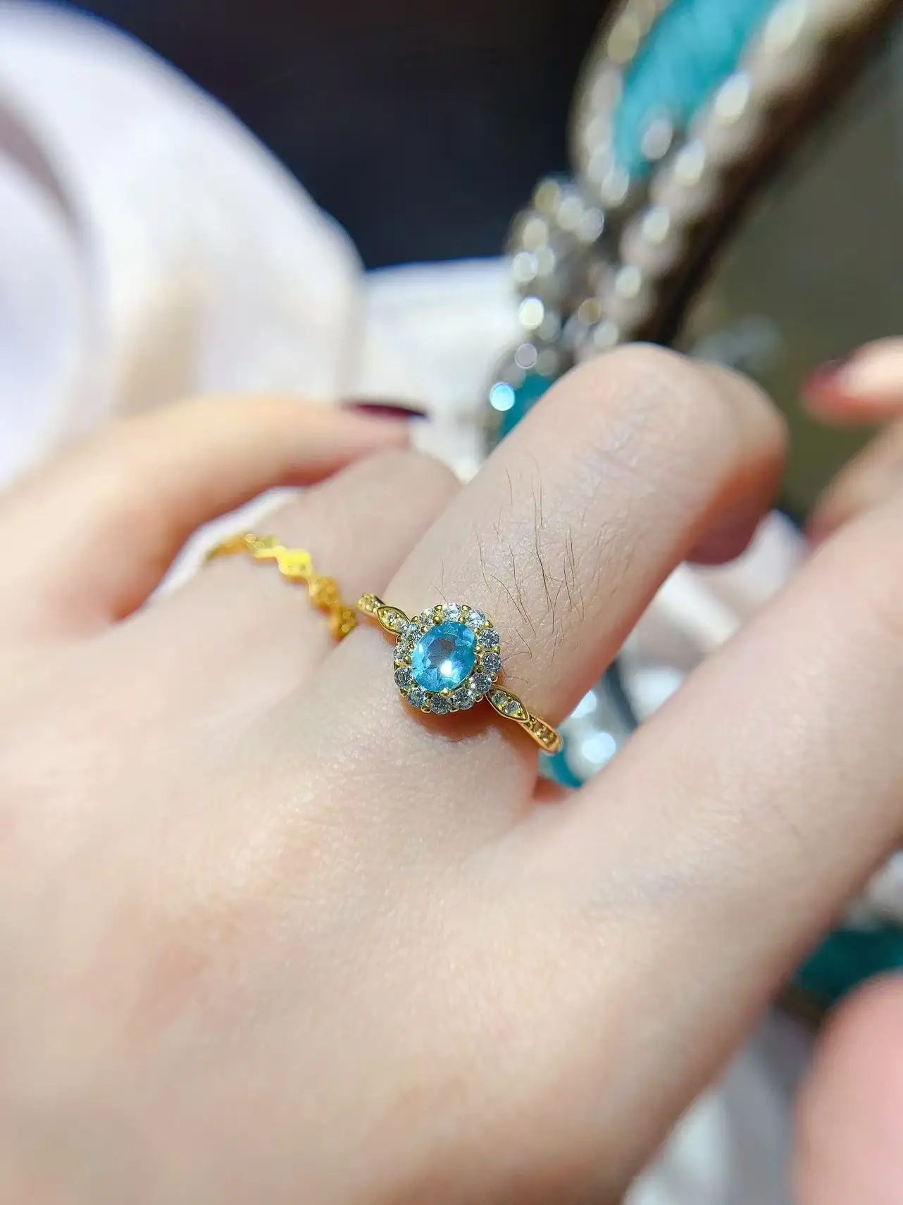 Natural Apatite Oval Rhodium Ring - view 2