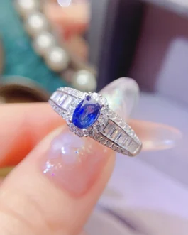 Natural Sapphire Baguette Halo Ring