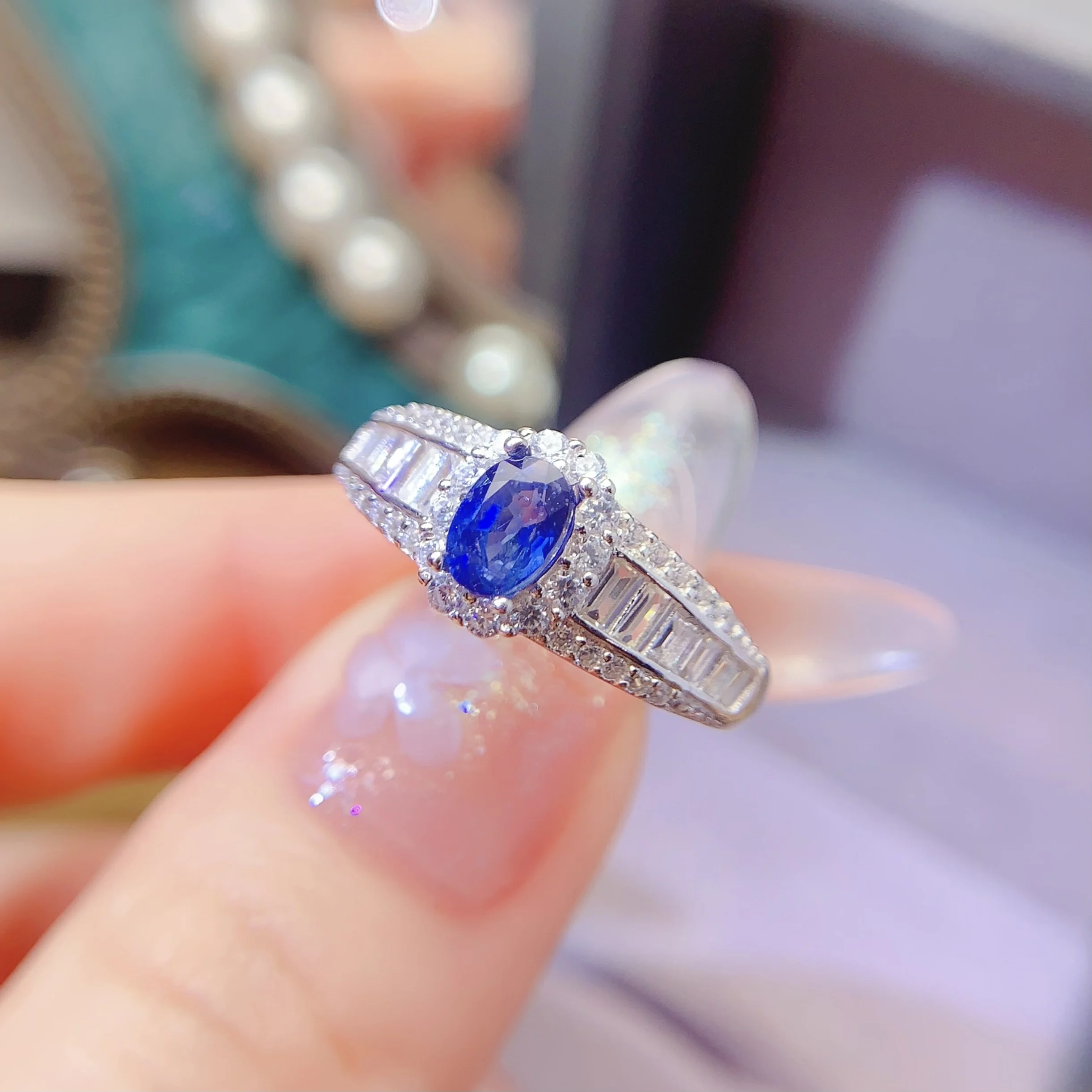 Natural Sapphire Baguette Halo Ring - view 1