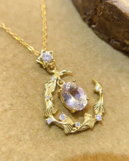 Natural Morganite Crescent Moon Pendant Necklace