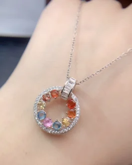 Natural Sapphire Circle Pendant Necklace