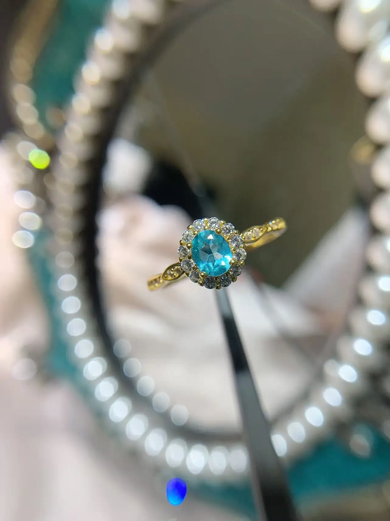 Natural Apatite Oval Rhodium Ring - view 4