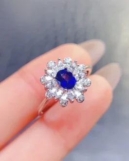 Natural Sapphire Sunburst Halo Ring