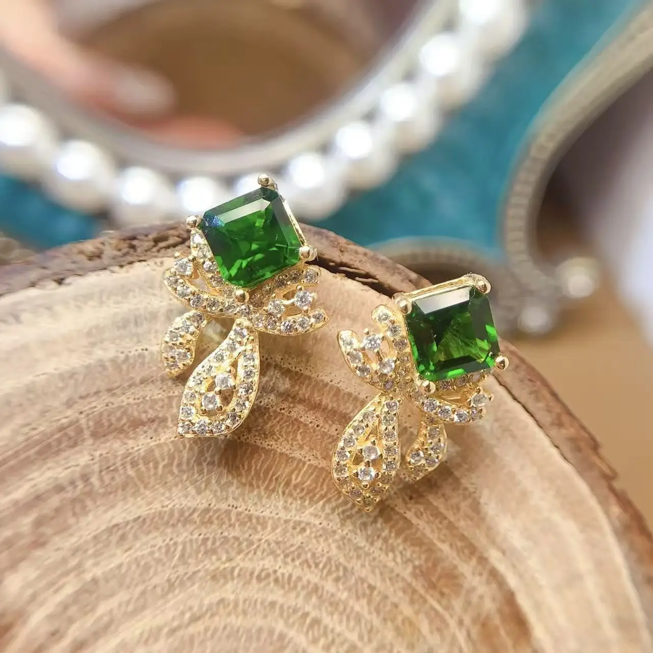 Natural Diopside Claw Stud Earrings - view 1