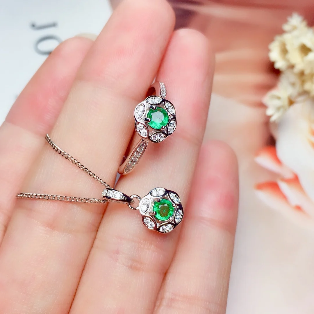 Natural Emerald Round Jewelry Set - view 3