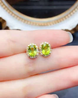 Natural Peridot Engraved Stud Earrings