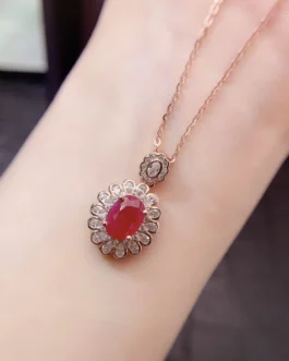 Natural Ruby Oval Halo Pendant