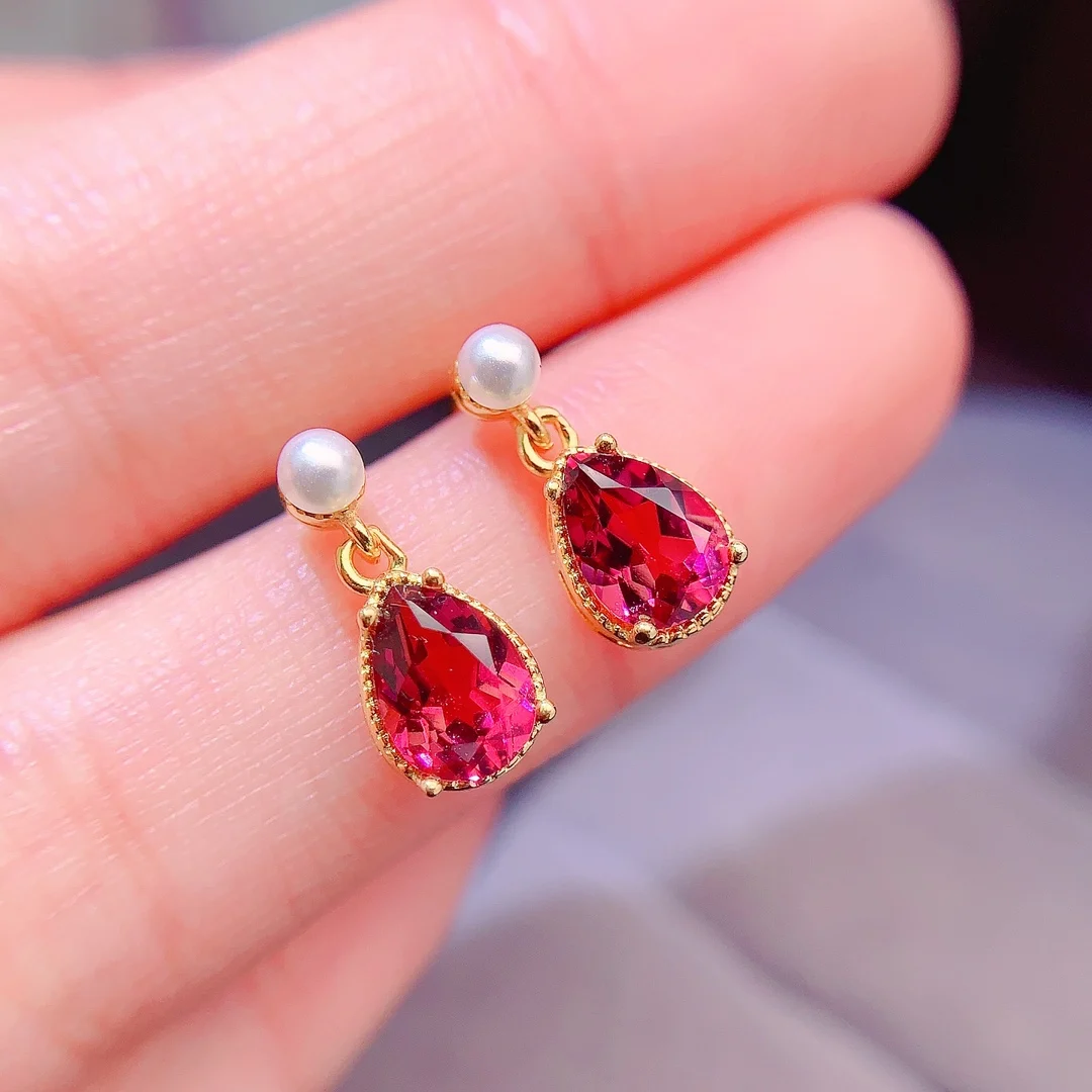 Natural Garnet Pear Stud Earrings - view 2