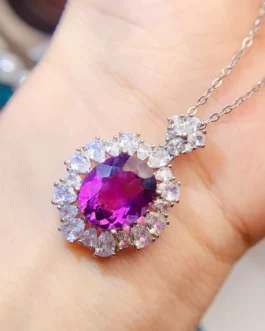 Natural Amethyst Flower Halo Pendant Necklace