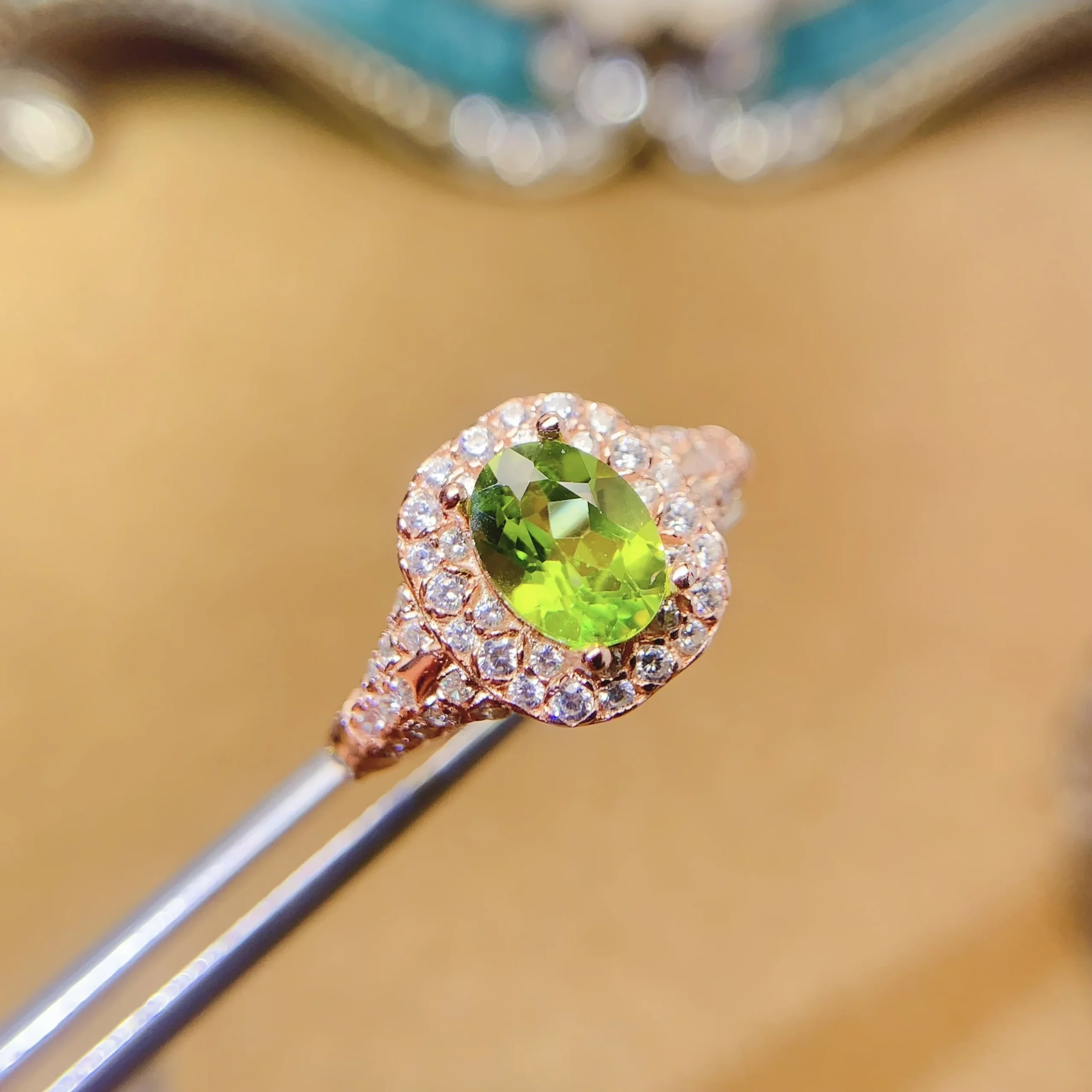 Natural Peridot Oval Halo Ring - view 1