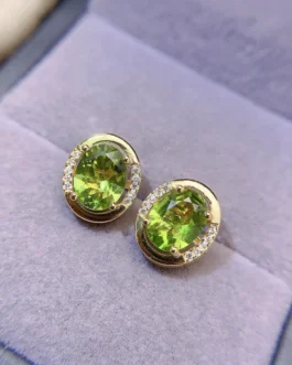 Natural Peridot Oval Halo Earrings