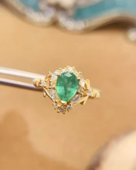 Natural Emerald Pear Halo Ring