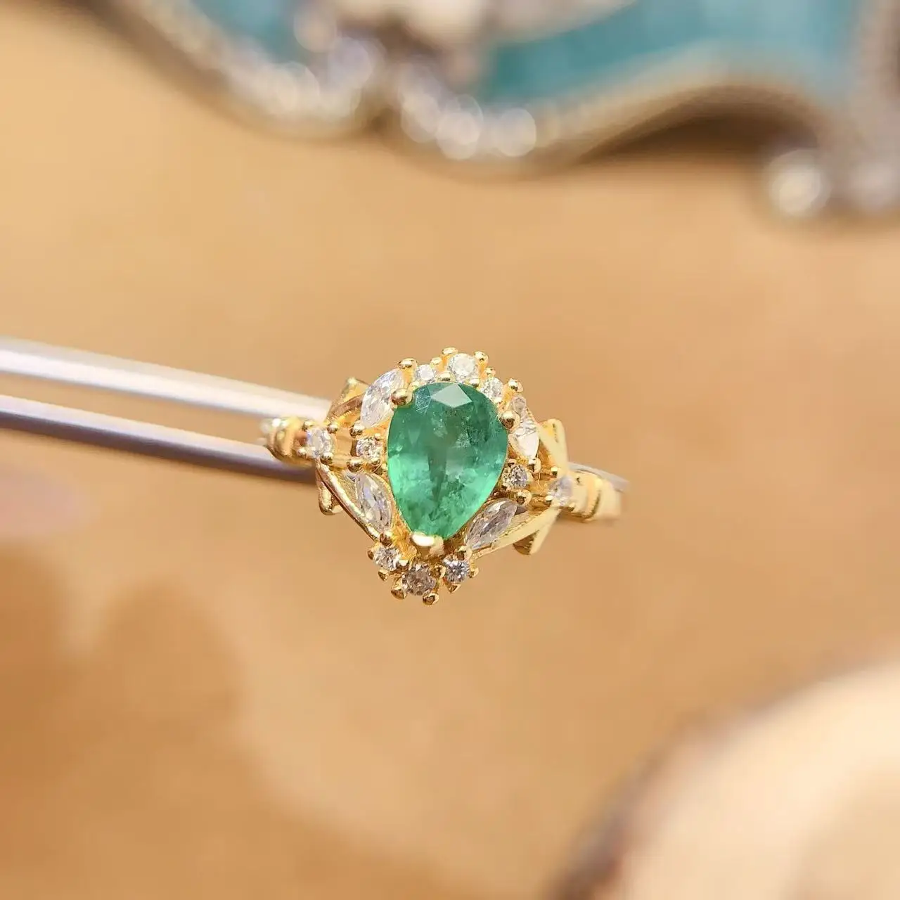Natural Emerald Pear Halo Ring - view 1