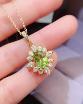 Natural Peridot Sunburst Pendant Necklace