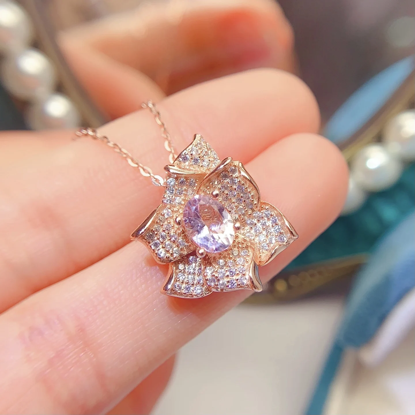 Natural Morganite Flower Pendant Necklace - view 1