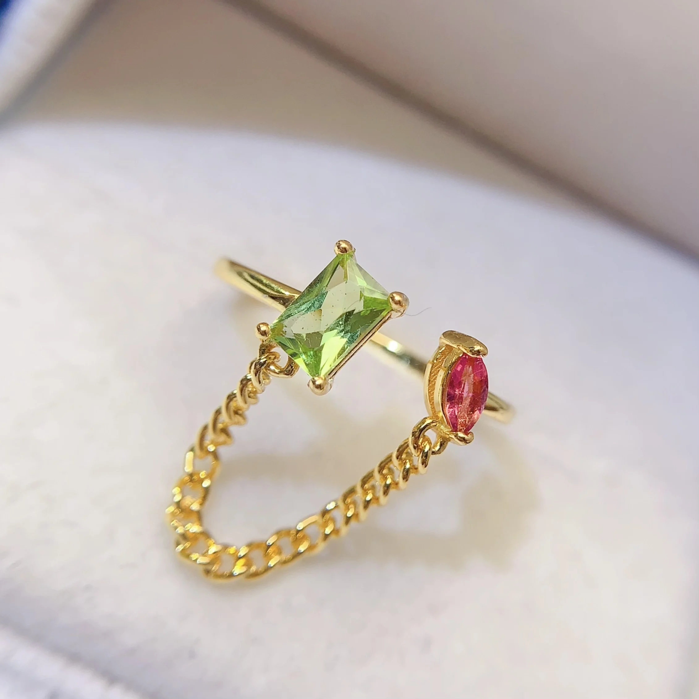Natural Peridot Chain Bypass Ring - view 3