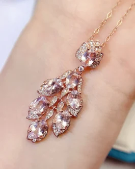 Natural Morganite Leaf Cluster Pendant Necklace
