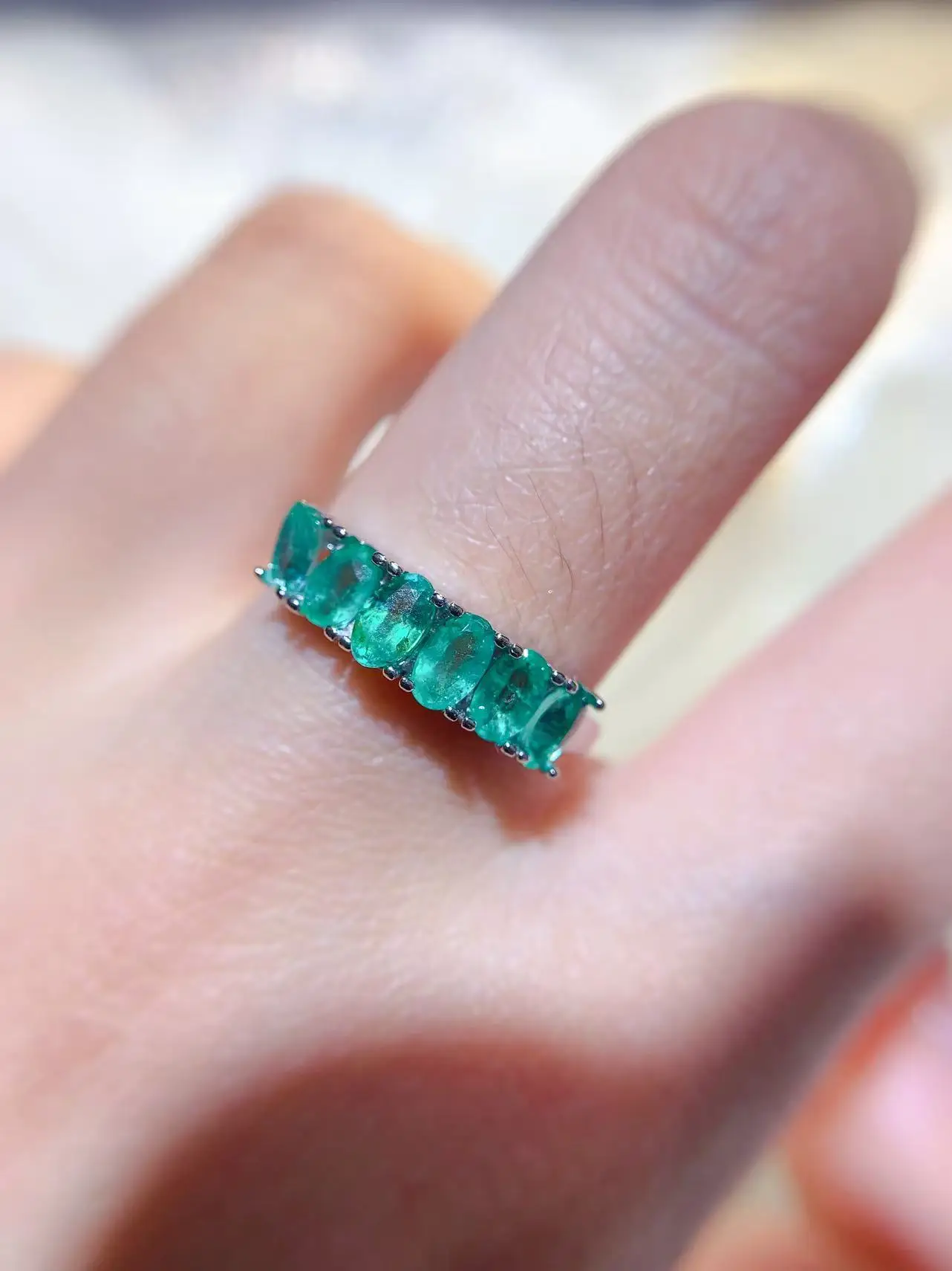 Natural Emerald Silver Row Ring - view 4