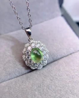 Natural Prehnite Cabochon Halo Pendant