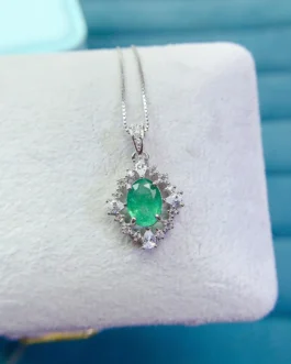 Natural Emerald Halo Pendant Necklace