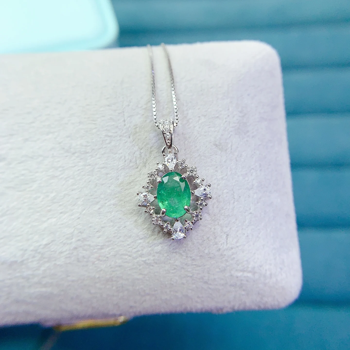 Natural Emerald Halo Pendant Necklace - view 1