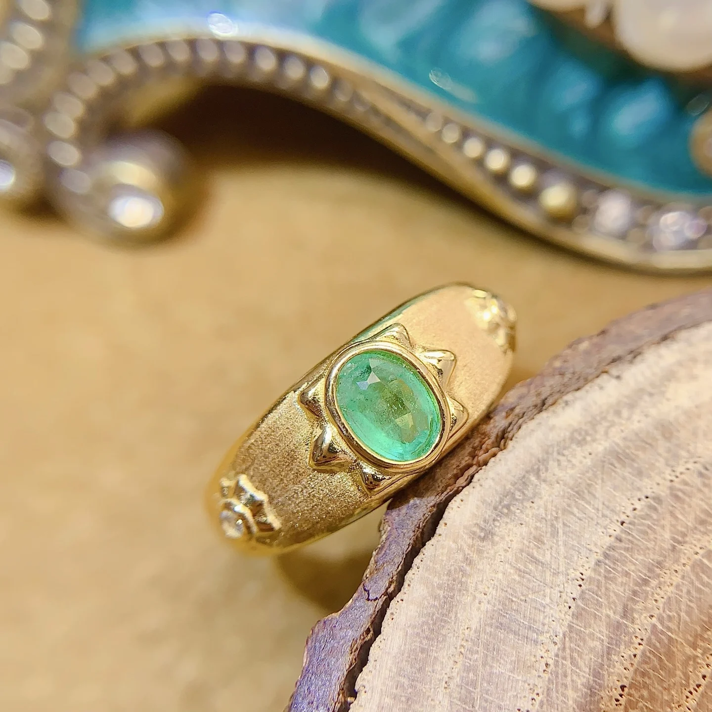 Natural Emerald Wide Engraved Ring - view 1