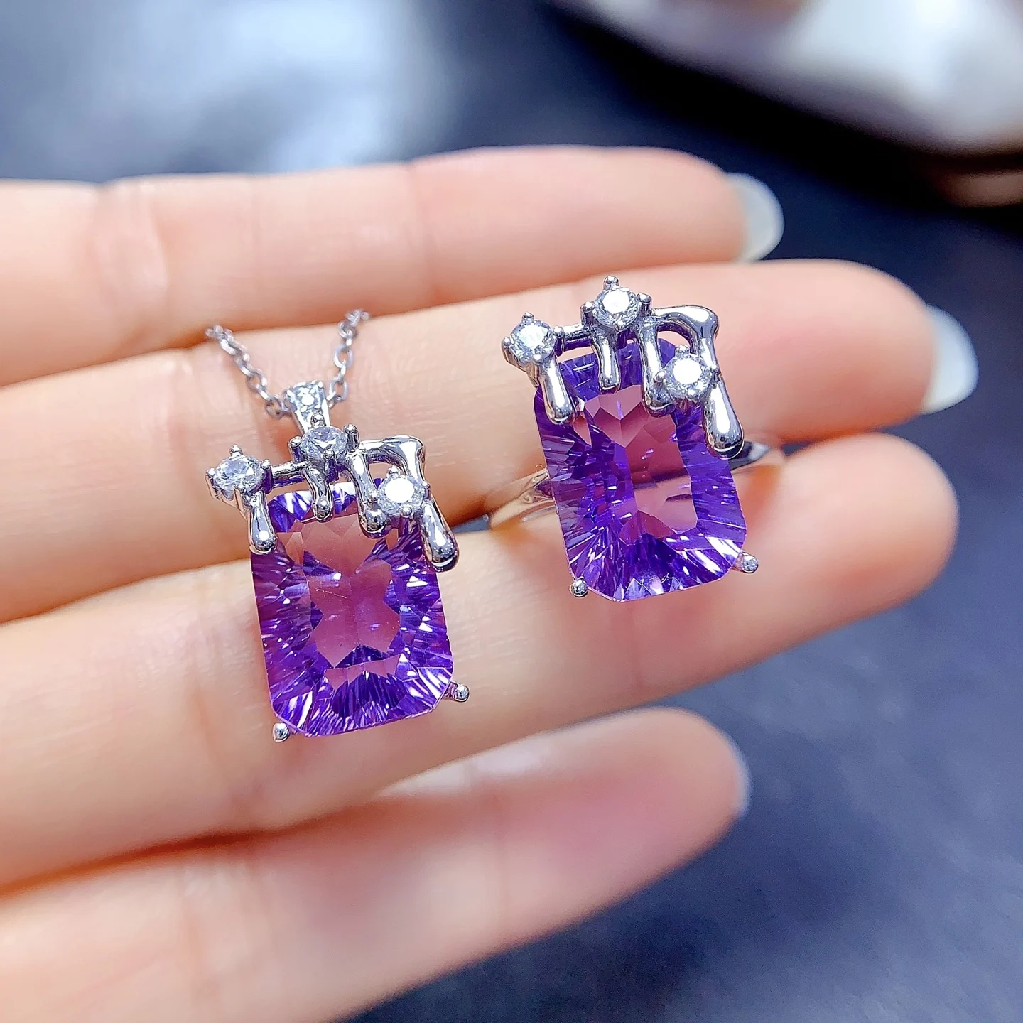 Natural Amethyst Special Cut Jewelry Set - view 1
