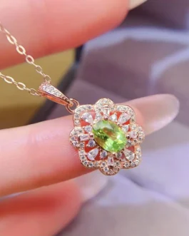 Natural Peridot Floral Halo Pendant Necklace