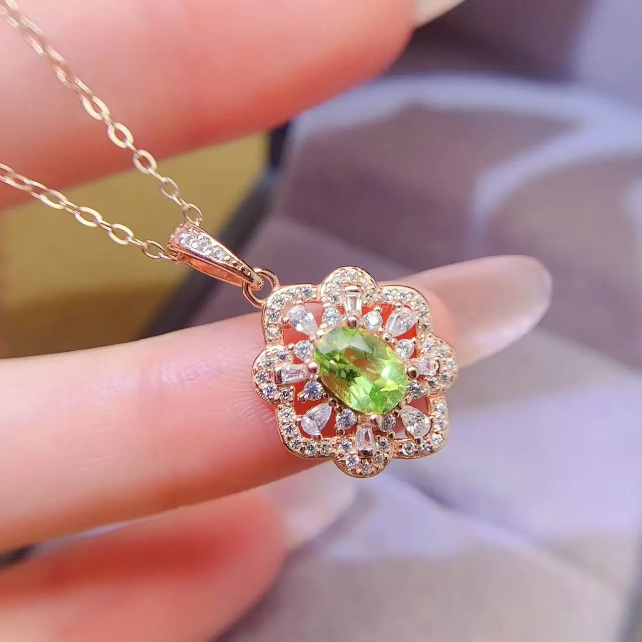 Natural Peridot Floral Halo Pendant Necklace - view 1