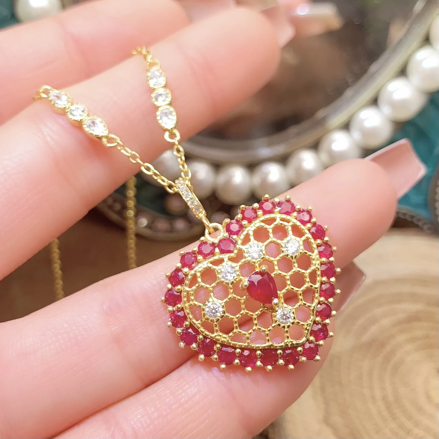 Natural Ruby Heart Pendant Necklace - view 1